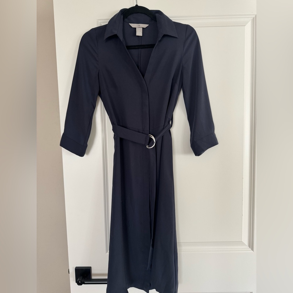 H&M Navy Long Sleeve Belted Shirt Dress